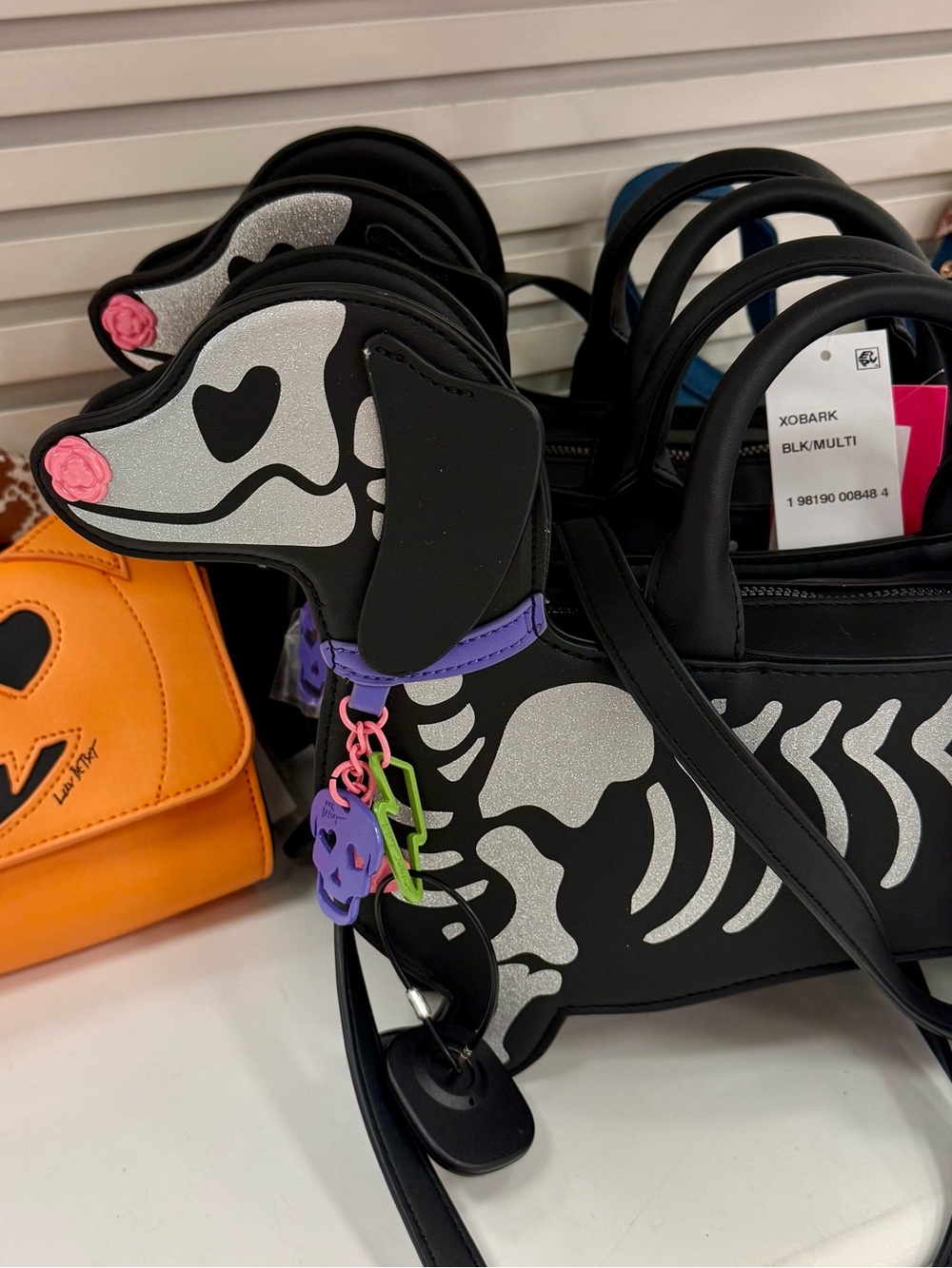 Betsey Johnson Black Dachshund Skeleton Satchel with Purple Accent - Picture 1 of 13